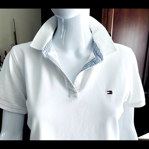 Tommy Hilfiger white cotton polo t-shirt logo blue & white striped collar lining - Picture 3 of 12